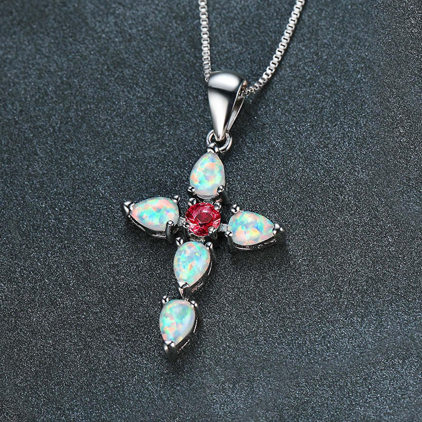 Foto 4 pulgar | Collar Huoguo Con Colgante En Forma De Cruz Con Diamantes De Imitación De Ópalo Para Mujer - Venta Internacional.