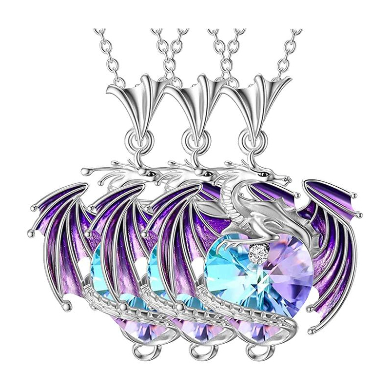 Cadenas Con Dije Hermosos High Monaco  Mxrgk-003  3 Pzas  Collar Dragón/corazón  Plata/morado