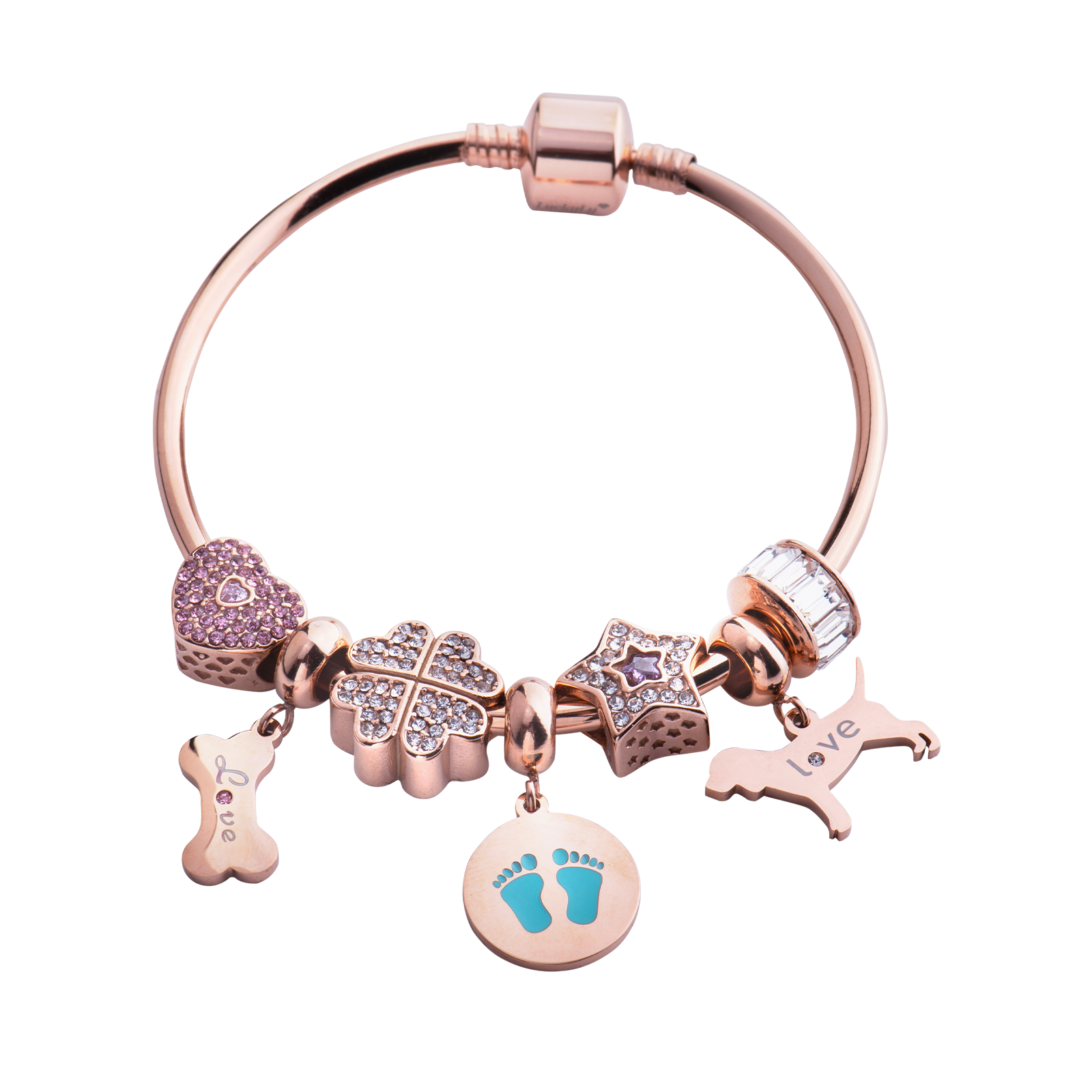 Foto 5 pulgar | Charm para Pulsera Dije de Huellitas de Bebé Niño Luckyly, Modelo Capri Oro Rosa