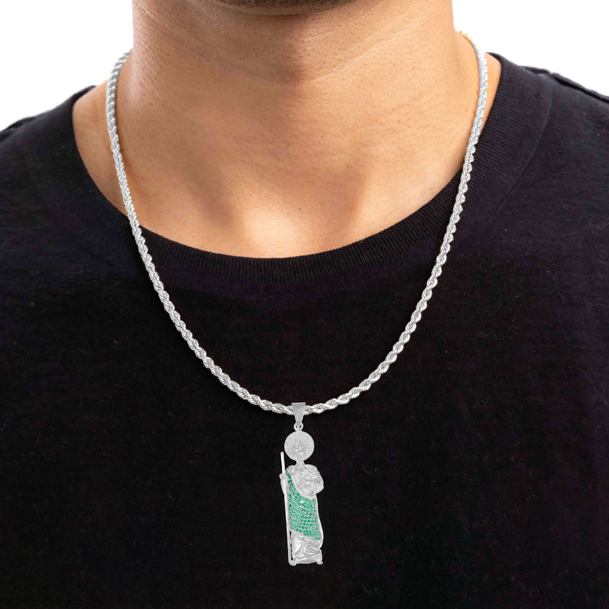 Foto 3 pulgar | Dije De Plata 925 San Judas Con Piedra Zirconia Verde 7.5cm