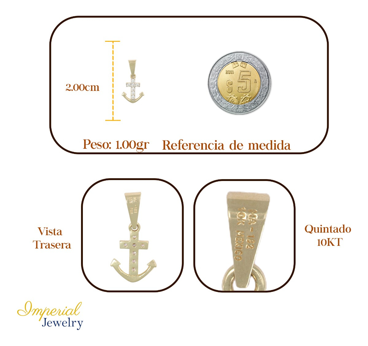 Foto 2 | Dije En Figura De Cruz Con Forma De Ancla Con Zirconias En Oro 10k 1.0 Grm