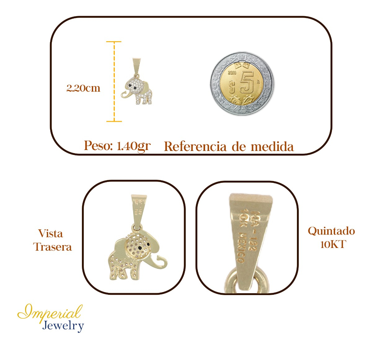 Foto 2 | Dije con Figura De Elefante Incrustación De Zirconia  En Oro De 10k