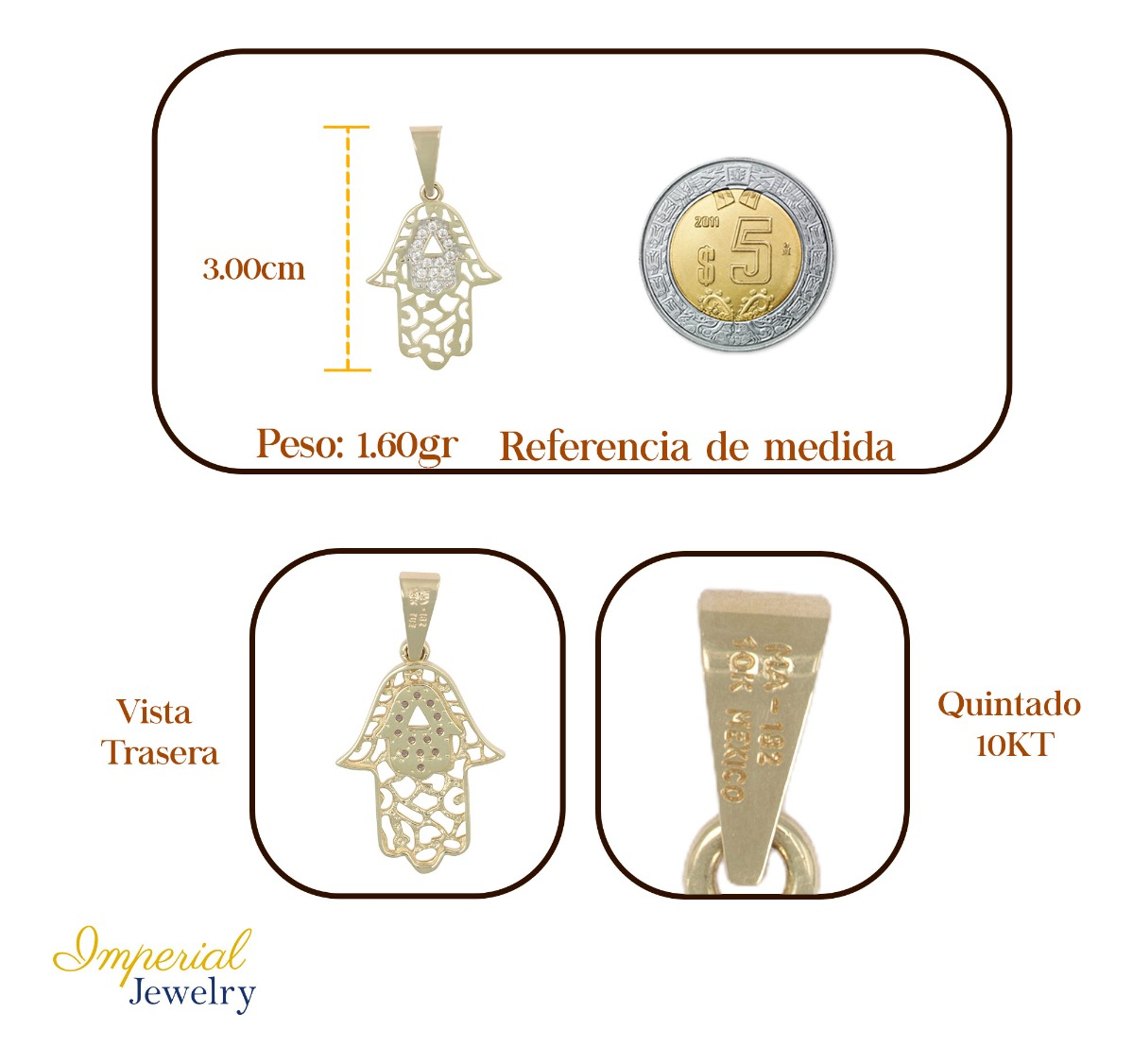 Foto 2 | Dije En Figura De Mano De Fátima Con  Incrustación De Zirconia En  Oro 10k