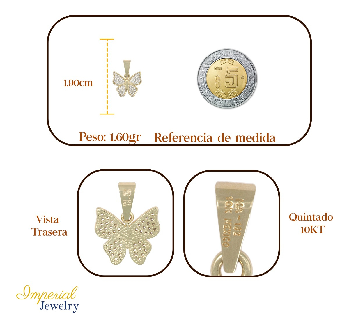 Foto 3 pulgar | Dije En Figura De Mariposa Con Incrustacion De Zirconia  En  Oro De 10k 1.7 Grm