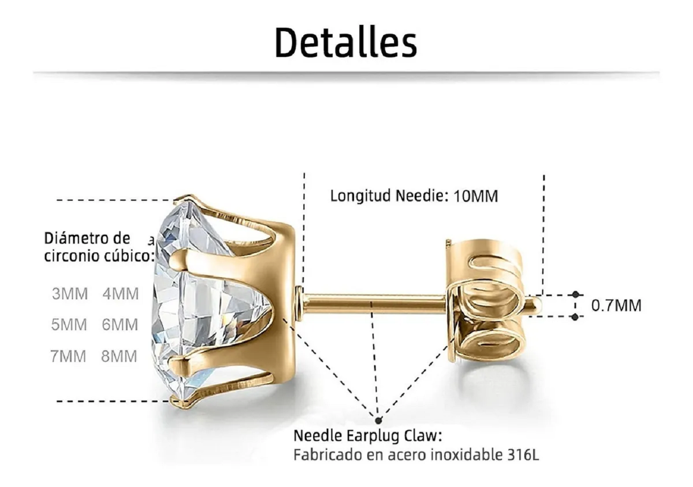 Foto 3 | Aretes Zirconia Acero Inoxidable Hipoalergénico 6 Pares Dorado