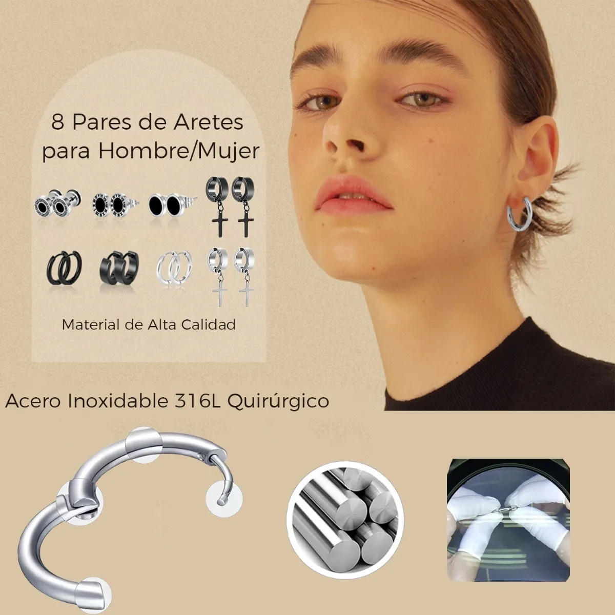 Foto 3 pulgar | Kit de Aretes de Acero Inoxidable