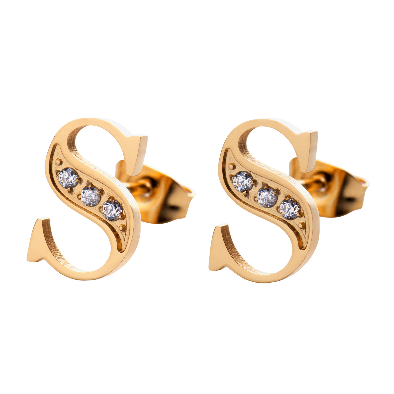 Aretes Baño de Oro 18k con Zirconia Cúbica Luckyly Tina Letra S para Mujer