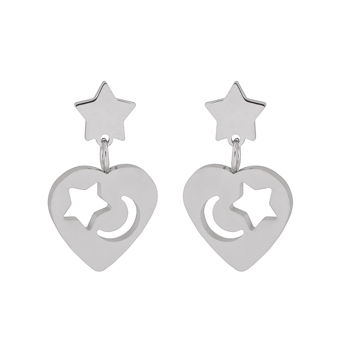 Foto 2 pulgar | Aretes de Acero Inoxidable Joyas Plafer 1436A-P color Plata - Corazón con Luna y Estrella