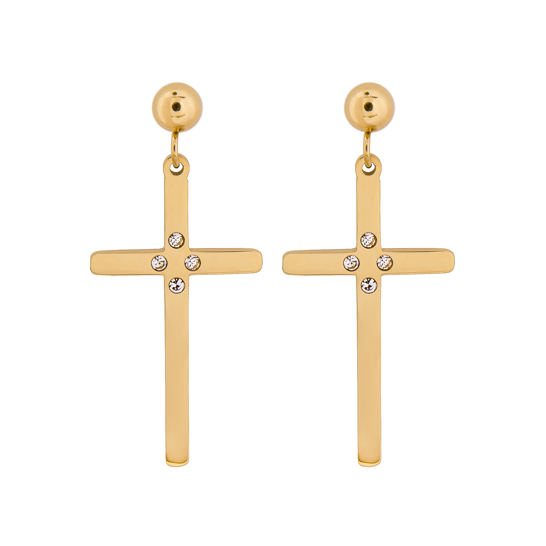 Aretes de Acero Inoxidable Joyas Plafer 1435A-P color Dorado - Cruz con Cuatro Circonias