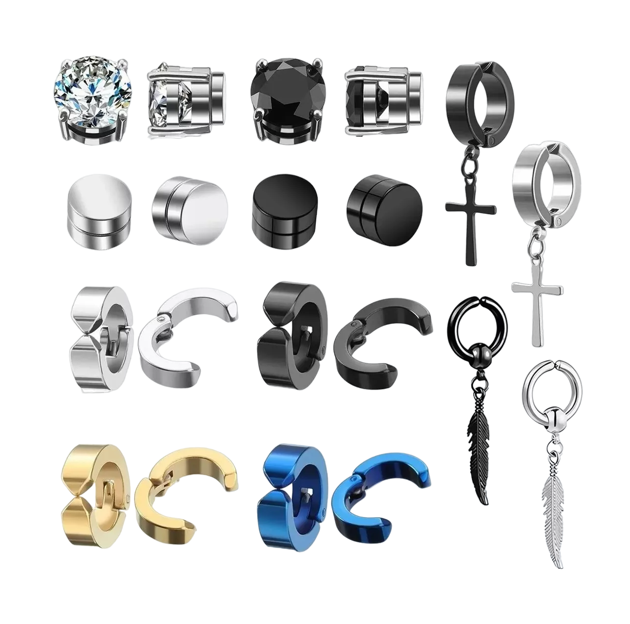 Aretes Piercing Falsos de Acero Inoxidable 20 Pzs BELUG Multicolor para Hombre