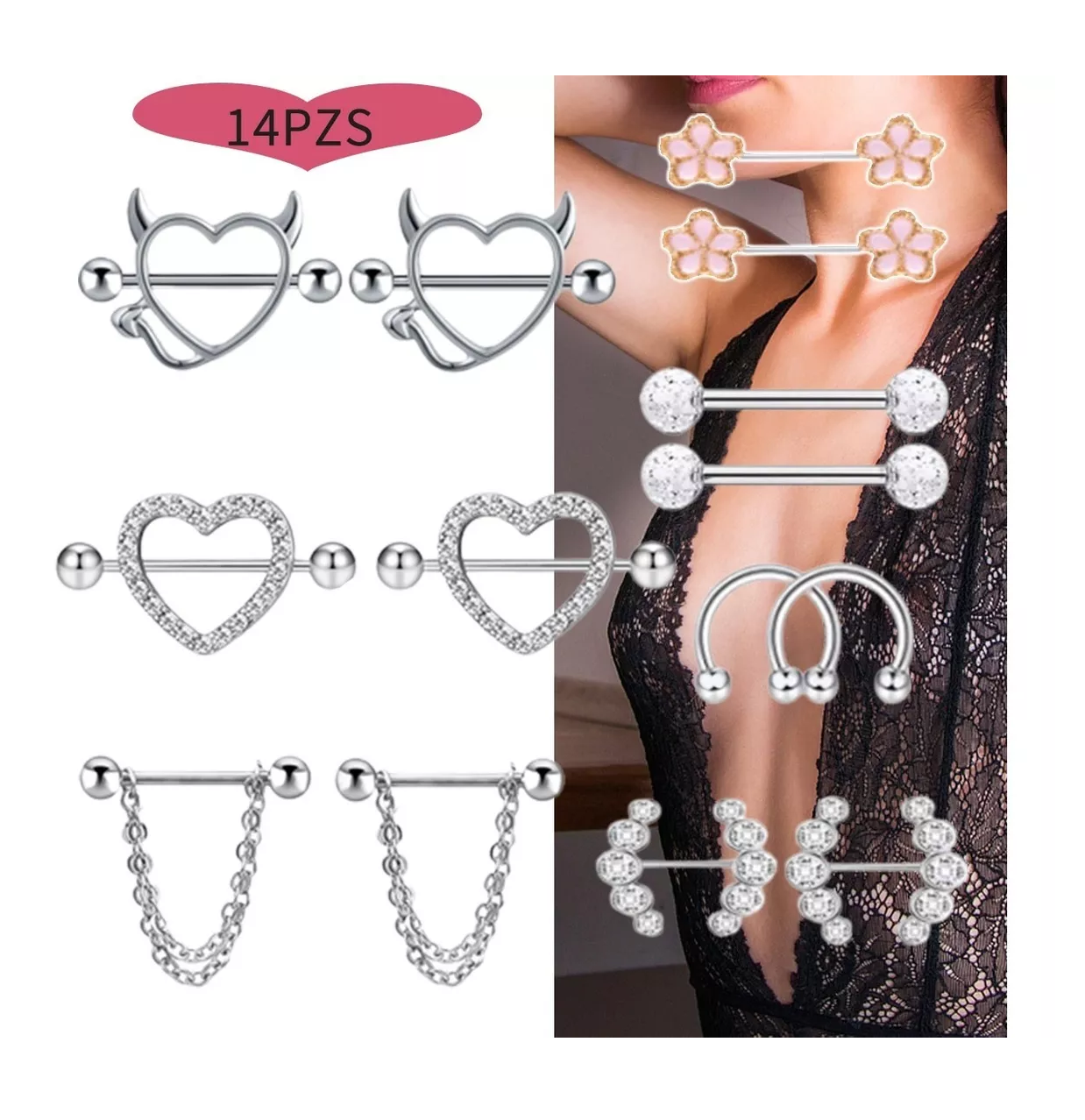 Foto 4 pulgar | Piercing Pezon Set Corazon Diablito Varios 14 Piezas, Color Plata