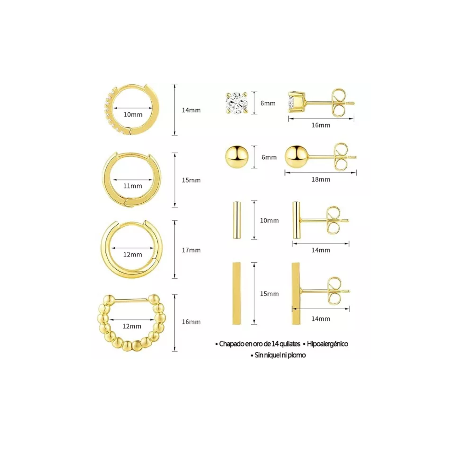 Foto 2 | Aretes de Laminado Oro 14k Para Mujer Belug 8 Pares