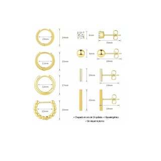 Foto 2 | Aretes de Laminado Oro 14k Para Mujer Belug 8 Pares