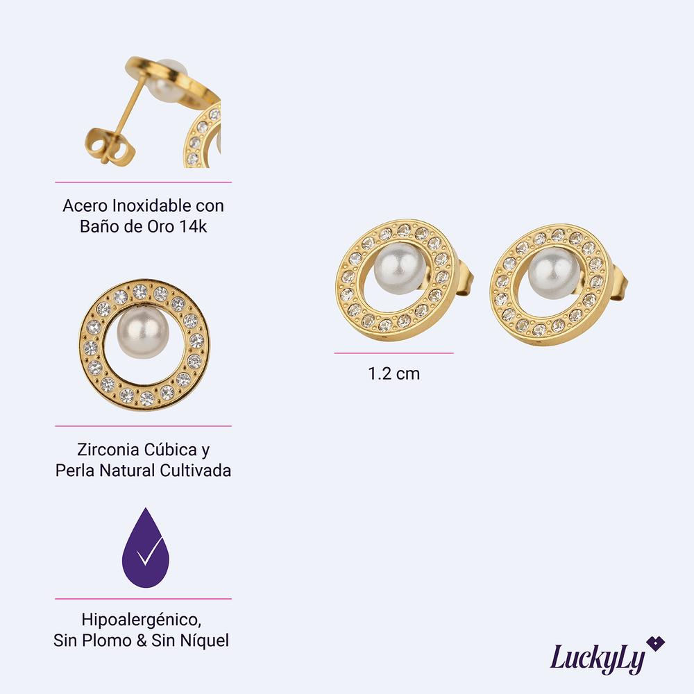 Foto 6 pulgar | Aretes De Oro 14k Para Mujer Con Perlas Y Zirconia Cúbica, Base De Acero Inoxidable Con Baño Oro 14k Luckyly, Modelo E