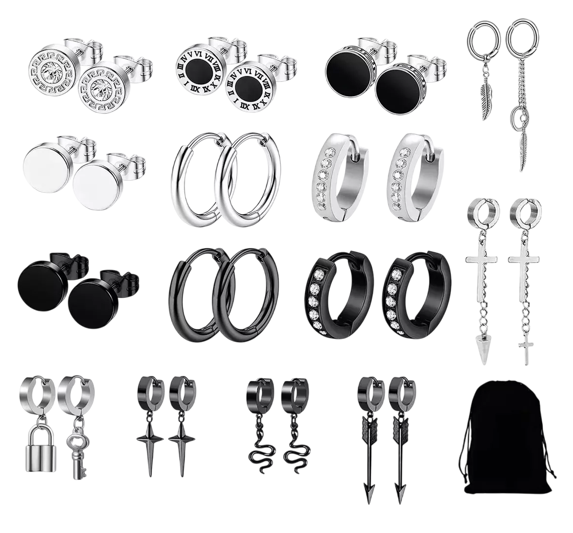 Foto 2 pulgar | Aretes Con Piercing Pendientes Hombre+bolsa De Tela 15 Pares Negro