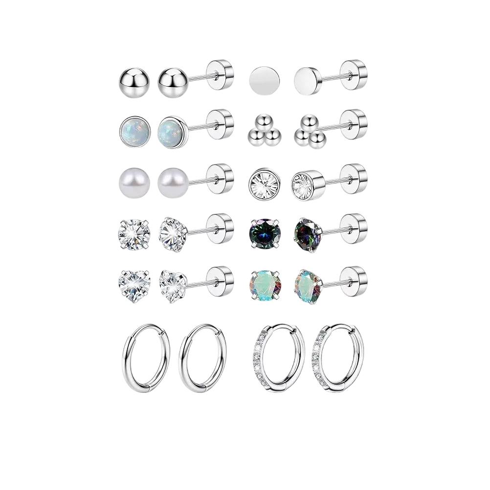 Piercing Arete Para Oreja Cartílago Mujer Acero Inoxidable 12 Pares Plata