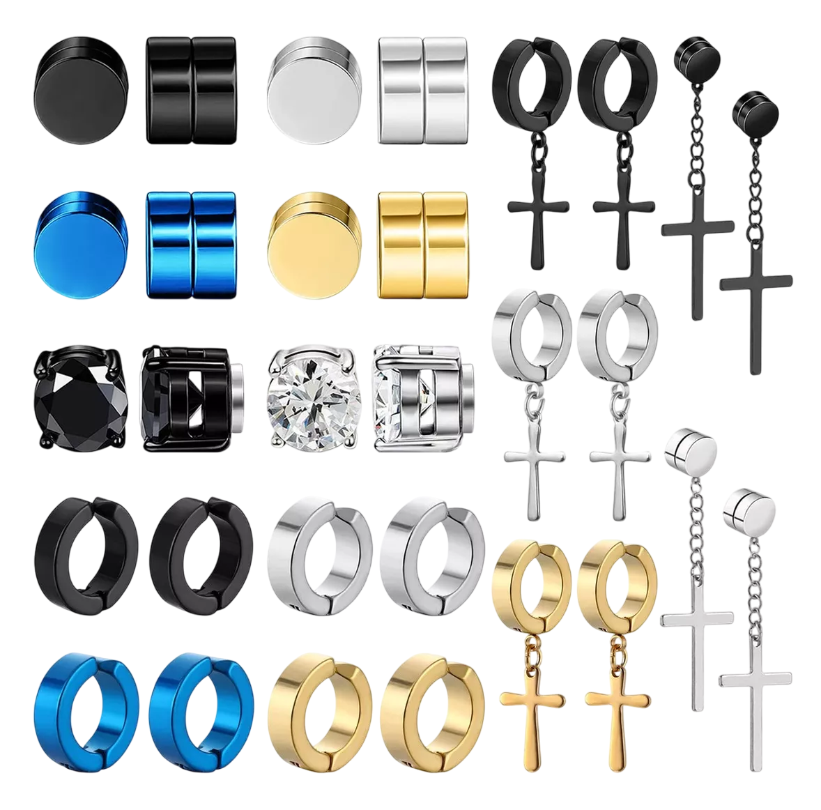 Aretes Falsos Piercing Hombre Imán Acero Cruz 30 Piezas Negro Plata Dorado Azul