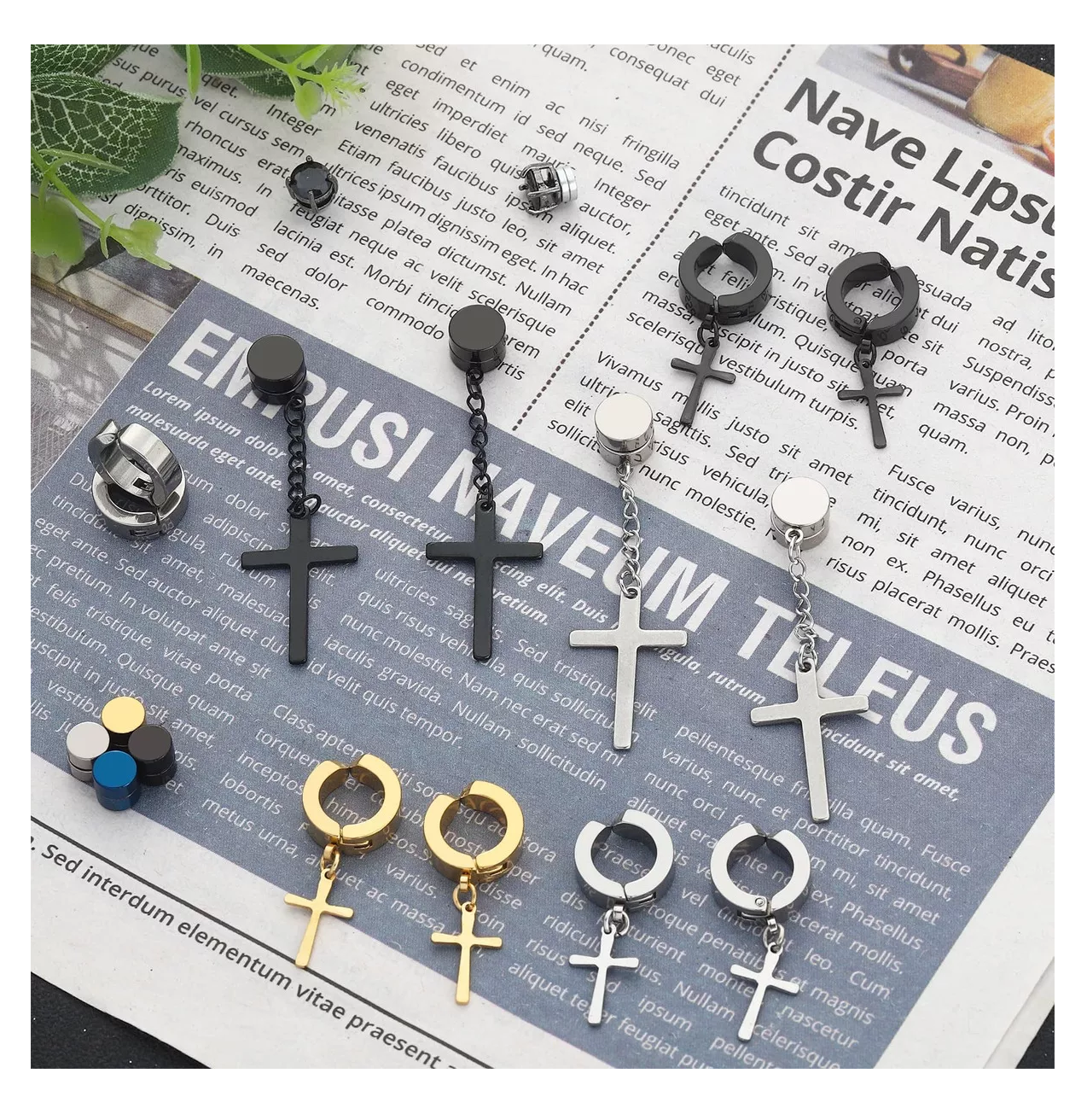 Foto 2 | Aretes Falsos Piercing Hombre Imán Acero Cruz 30 Piezas Negro Plata Dorado Azul