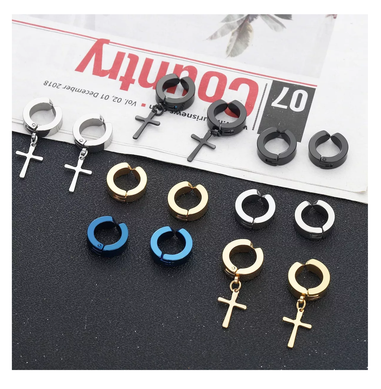 Foto 4 pulgar | Aretes Falsos Piercing Hombre Imán Acero Cruz 30 Piezas Negro Plata Dorado Azul