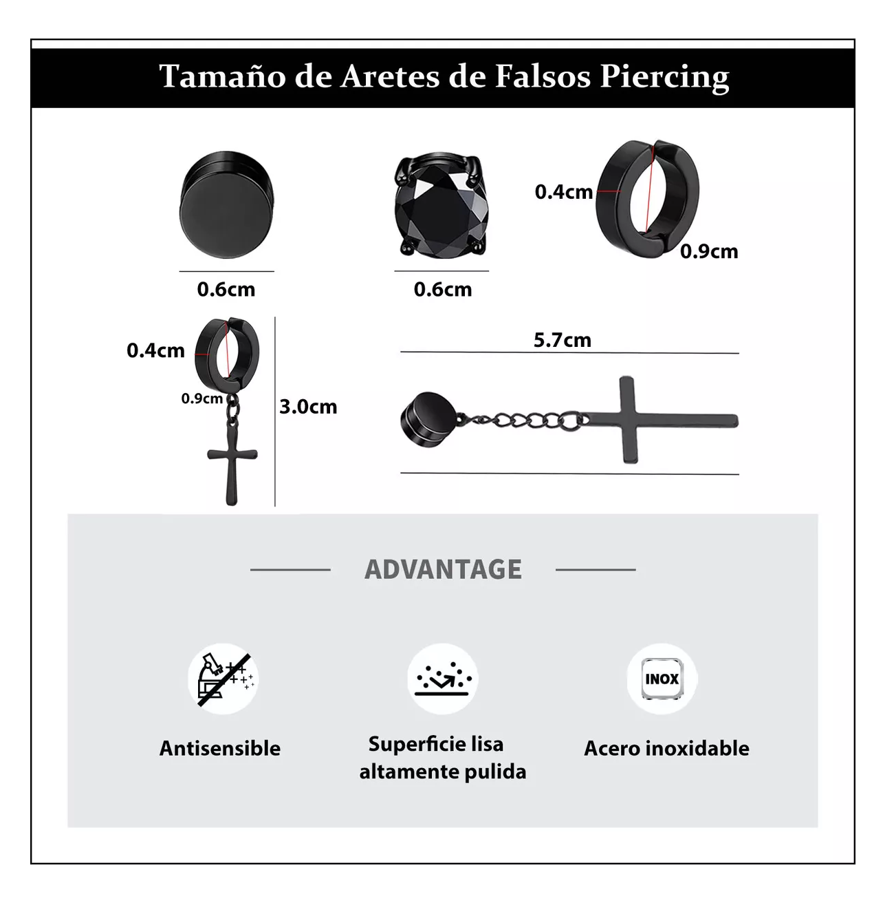 Foto 6 pulgar | Aretes Falsos Piercing Hombre Imán Acero Cruz 30 Piezas Negro Plata Dorado Azul