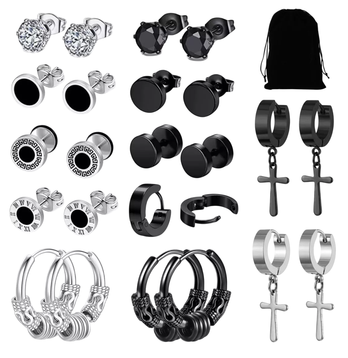 Aretes De Hombre Y Mujer Pendientes De Acero Inoxidable 12 Pares Negro