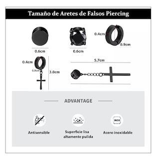 Foto 5 | Aretes Falsos Piercing Hombre Imán Acero Cruz 30 Piezas Negro Plata Dorado Azul