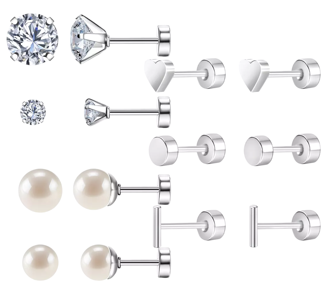 Aretes Para Mujer Plata Broquel Acero Inoxidable 7 Pares Plata