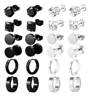 Foto 1 | Aretes Arracadas Hombre Pendientes Acero Inoxidable 12 Pares Plata/negro