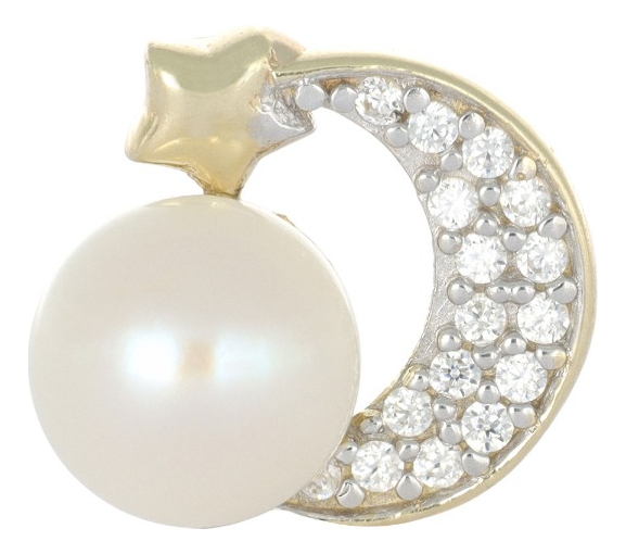Arete Con Figura De Luna En Oro De 10k Con  Incrustacion De Zirconia Y Una Perla  2.4 Grm