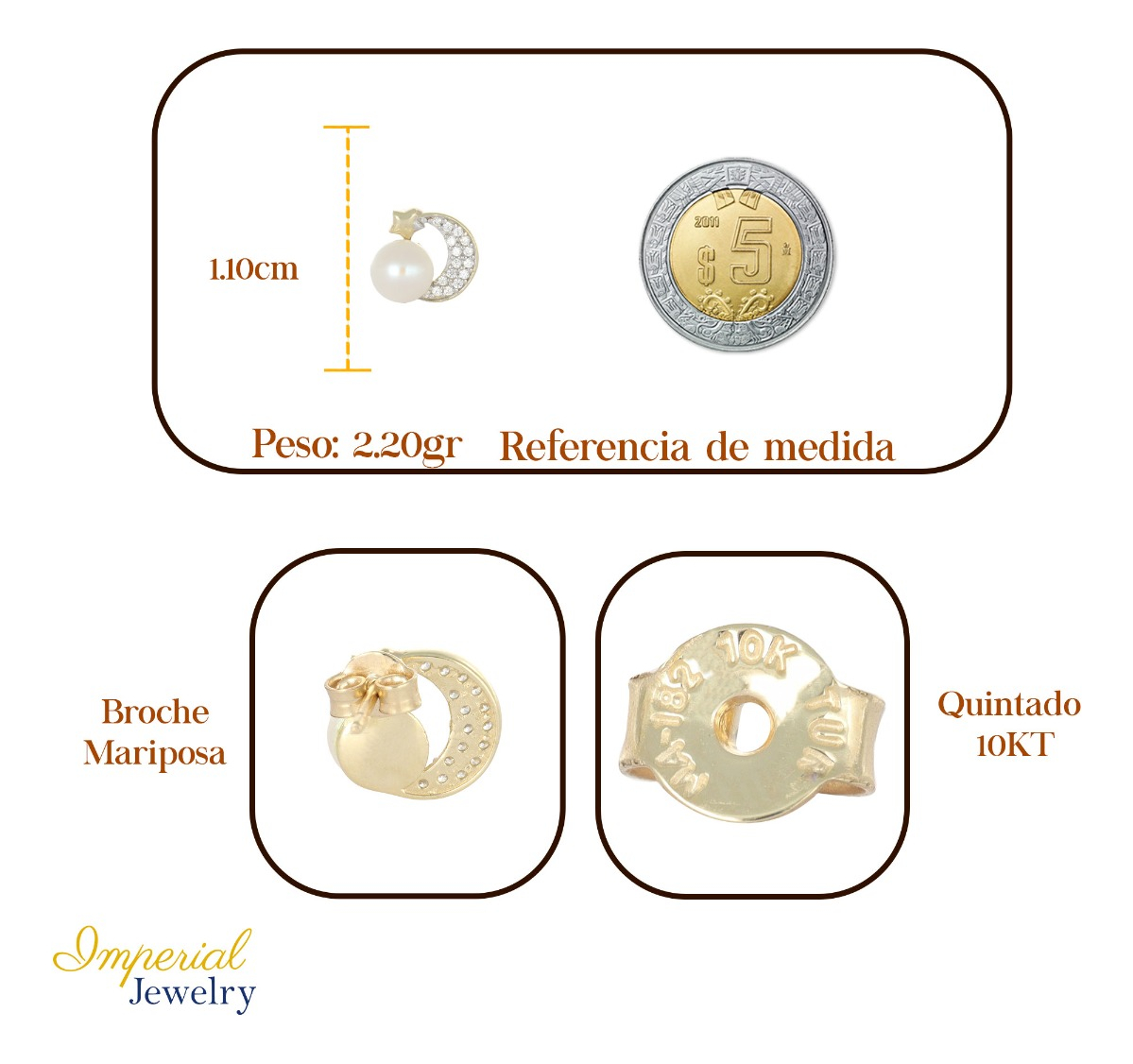 Foto 3 pulgar | Arete Con Figura De Luna En Oro De 10k Con  Incrustacion De Zirconia Y Una Perla  2.4 Grm