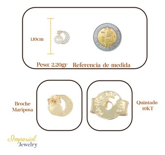 Foto 2 | Arete Con Figura De Luna En Oro De 10k Con Incrustacion De Zirconia Y Una Perla 2.4 Grm