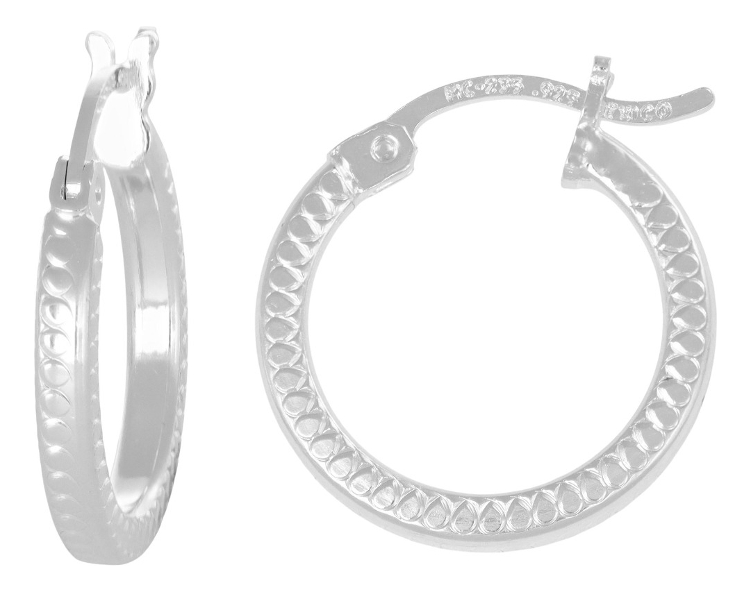 Arete De Tubo Cuadrado De Plata 925 Con Gravado De 12 Mm