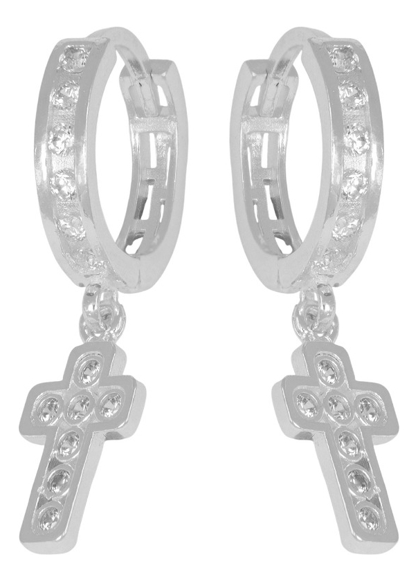 Arete Huggie De Plata 925 Con Colgate De Cruz Y Piedra