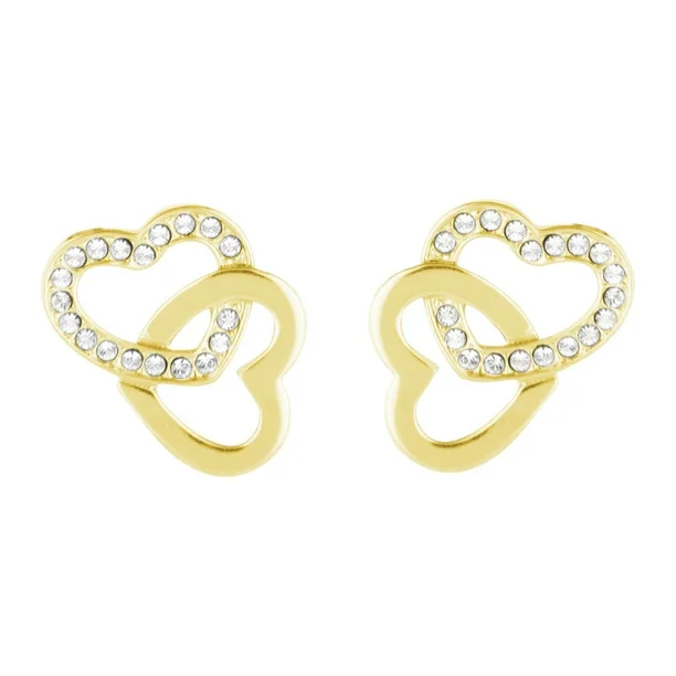 Foto 2 pulgar | Arete Para Mujer Con Cristal Fino Europeo En Forma De Corazón Doble– Bañado En Oro 14k