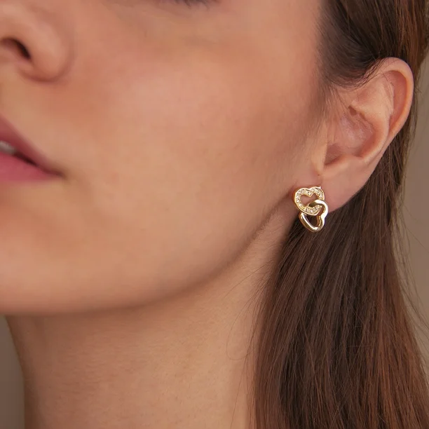 Foto 2 | Arete Para Mujer Con Cristal Fino Europeo En Forma De Corazón Doble– Bañado En Oro 14k