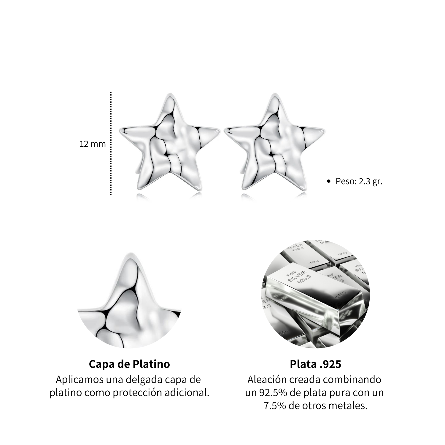 Foto 8 pulgar | Aretes Estrella De Plata .925 Con Chapa De Platino, Se Pueden Mojar