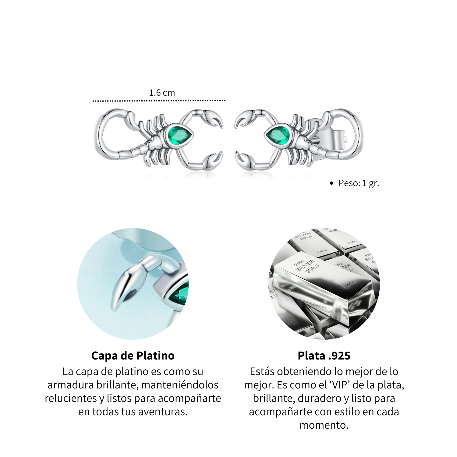Foto 6 pulgar | Aretes Chulada, Escorpio De Plata .925 Con Chapa De Platino