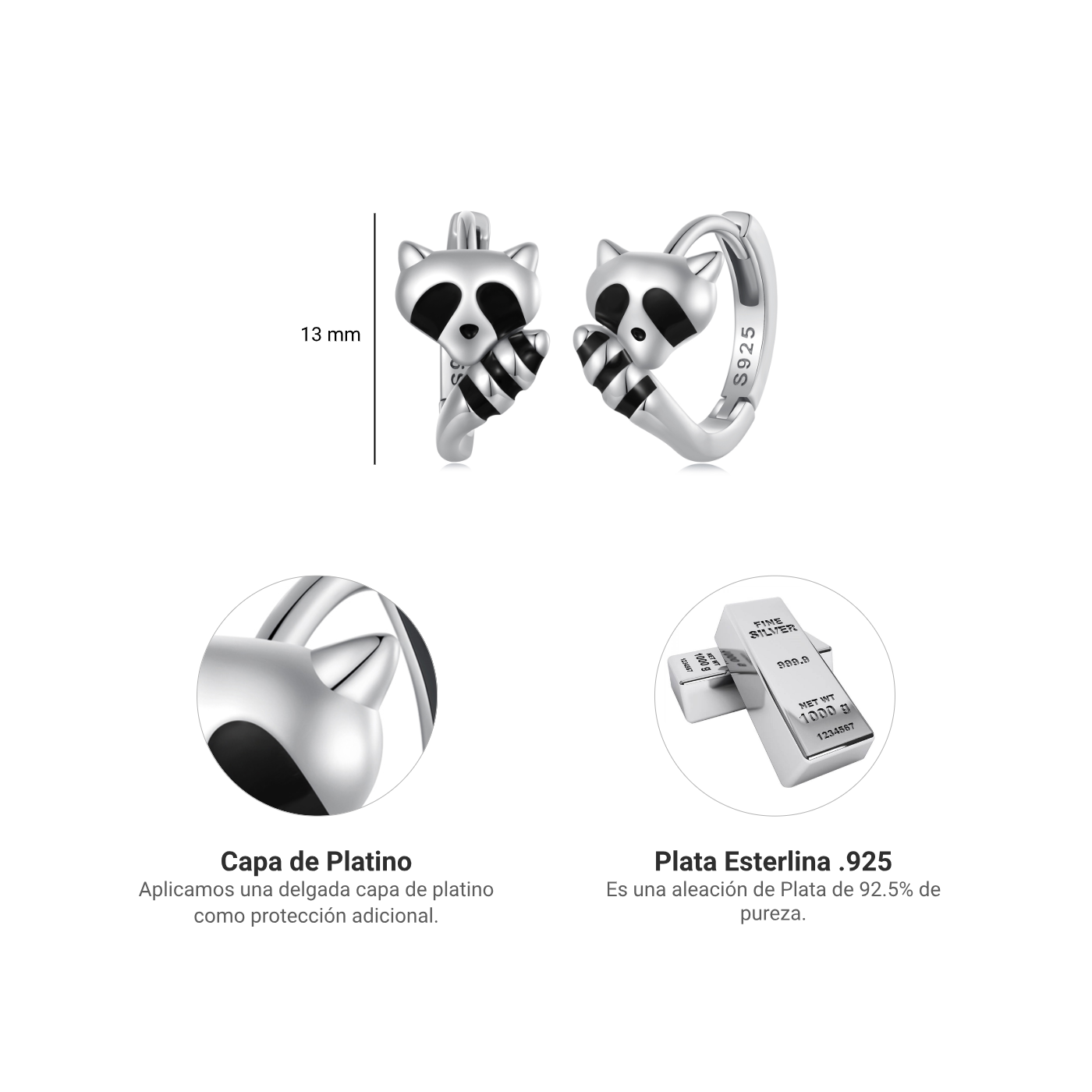 Foto 6 | Aretes Chulada, Mapache De Plata .925 Con Chapa De Platino