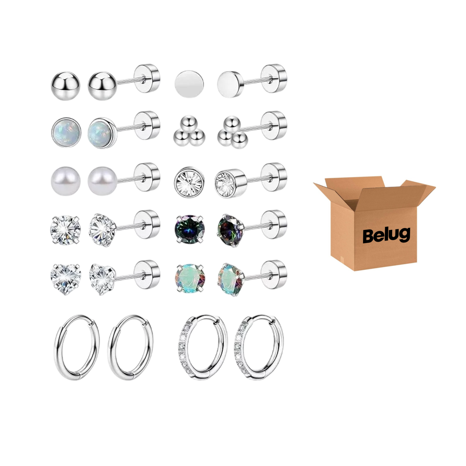 Piercing Arete Para Oreja Cartílago Mujer Acero Inoxidable 12 Pares, Belug Plata