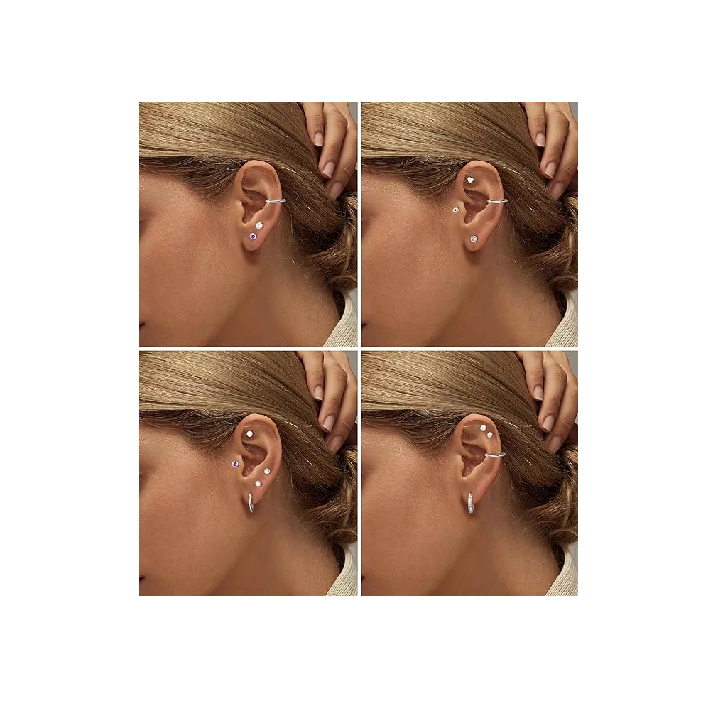 Foto 3 pulgar | Piercing Arete Para Oreja Cartílago Mujer Acero Inoxidable 12 Pares Plata