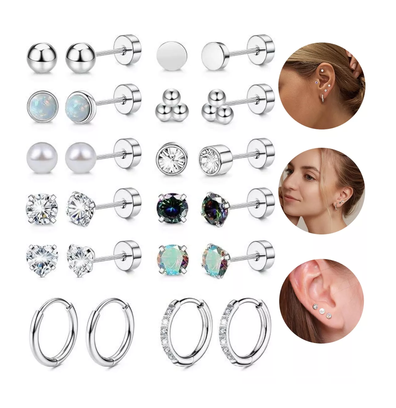 Foto 6 pulgar | Piercing Arete Para Oreja Cartílago Mujer Acero Inoxidable 12 Pares Plata