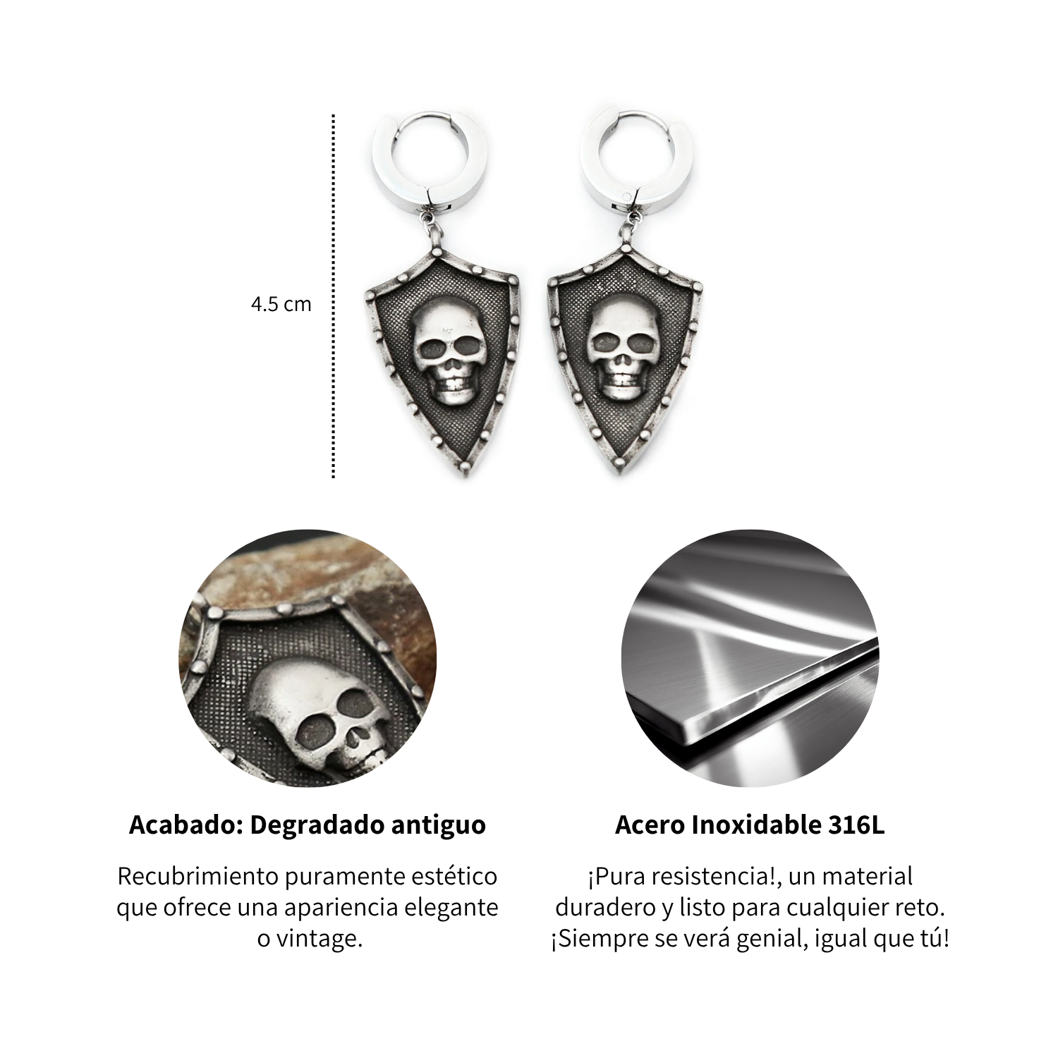 Foto 7 pulgar | Aretes Chulada  Escudo Calavera De Acero Inoxidable Hipoalergénico