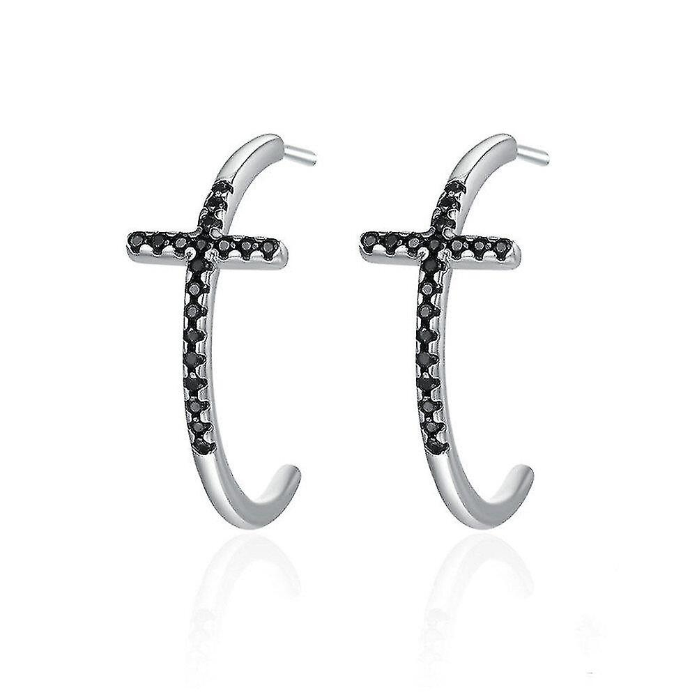 Foto 2 pulgar | Pendientes Huoguo Chapados En Plata Con Cruz Clásica Negra Para Mujer - Venta Internacional.