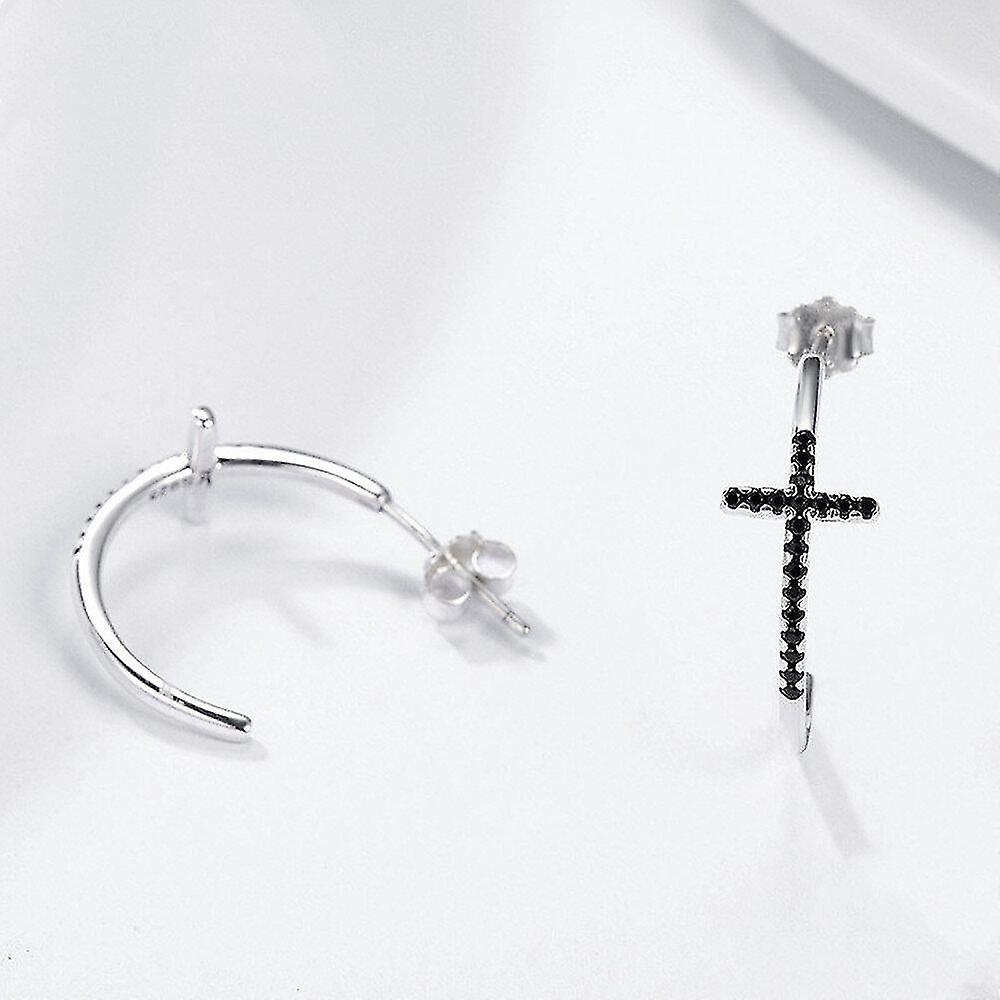 Foto 3 pulgar | Pendientes Huoguo Chapados En Plata Con Cruz Clásica Negra Para Mujer - Venta Internacional.