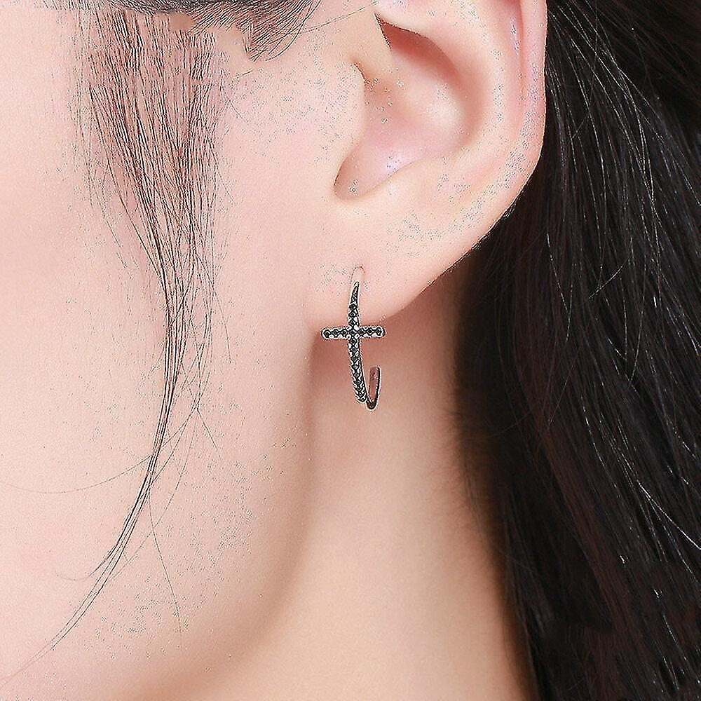 Foto 4 pulgar | Pendientes Huoguo Chapados En Plata Con Cruz Clásica Negra Para Mujer - Venta Internacional.