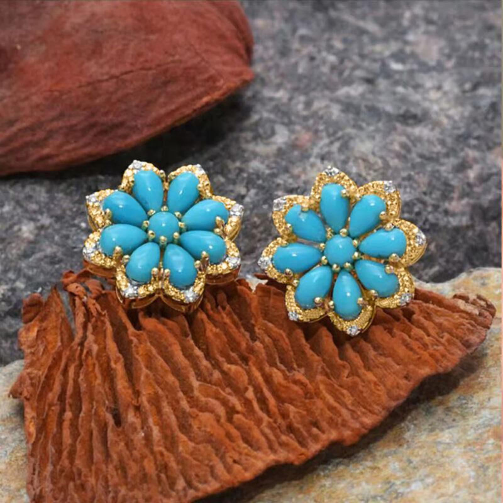 Foto 1 | Pendientes Huoguo  Bohemios  Retro  Turquesas  Con Forma De Flor De Nieve - Venta Internacional.