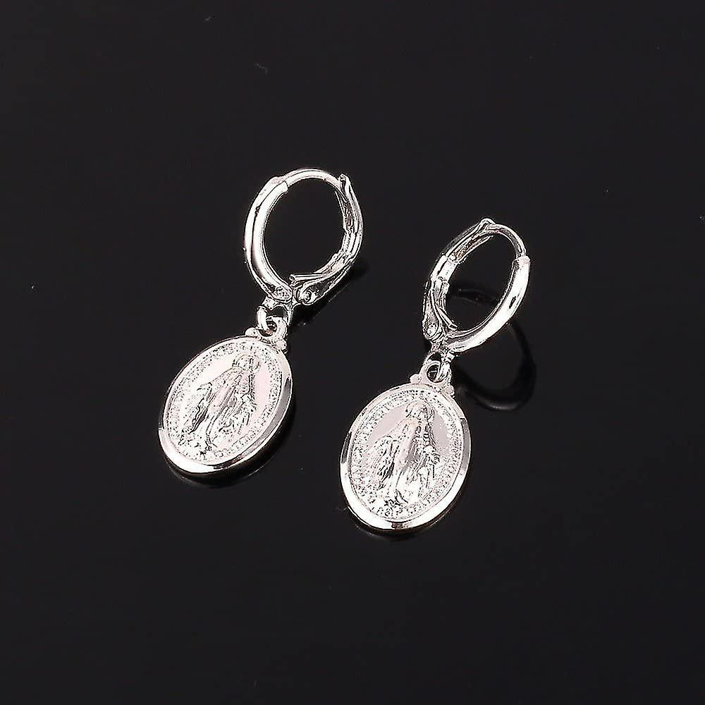 Foto 4 | Pendientes Huoguo Platinum Con Forma Ovalada De La Virgen María Para Mujer - Venta Internacional.