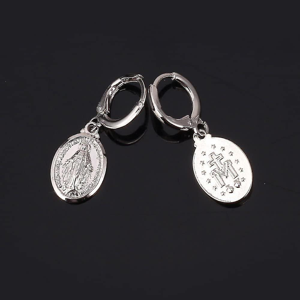 Foto 5 | Pendientes Huoguo Platinum Con Forma Ovalada De La Virgen María Para Mujer - Venta Internacional.
