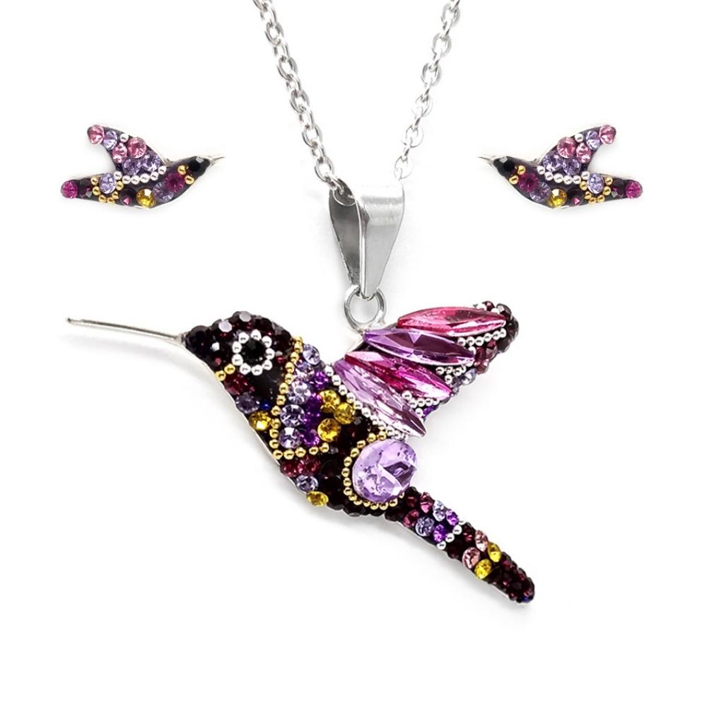 Collar y Aretes Joyería Zvezda Colibrí Morado con Plata