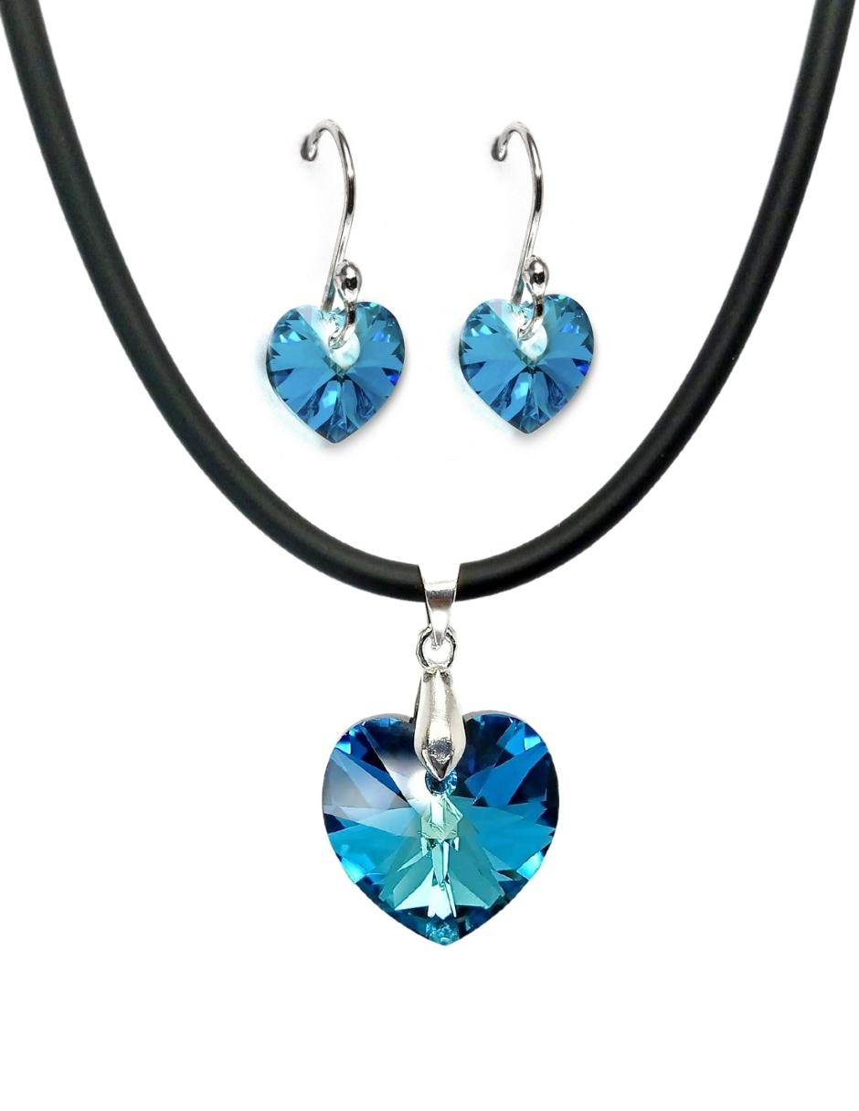 Collar y Aretes Joyería Zvezda Heart Azul con Caucho y Plata